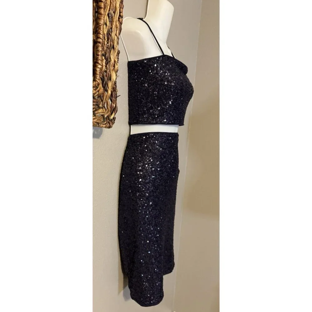 Susana Monaco 2 PC Set S Small Thunder Blue Sequin Crop Top & Skirt NWT $256